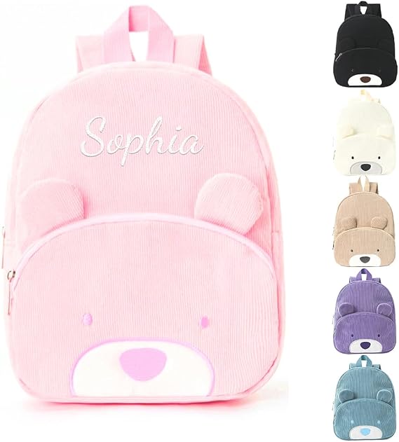 Personalised Mini Toddler Backpack for Girl & Boy, Embroidered Name Children's School Rucksack Corduroy, Cute Bear Kids Small School Bag Bookbag for Travel Kindergarten Elementary Preschool
