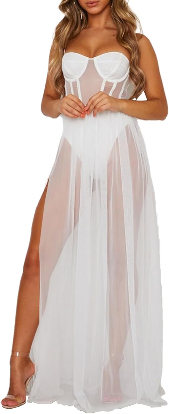Women's Sheer Mesh Corset Maxi Dress Built-in Lingerie Side Slit Bodycon Slip Dress Sexy Evening Party Long Dresses
