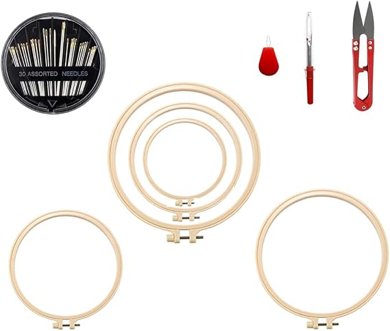 5 Pieces Embroidery Hoops 3 Inch to 8 Inch Cross Stitch Hoopy Hoops with Sewing Scissors, Seam Ripper,Needle Threader, Round Cross Stitch Hoops with Adjustable Screw