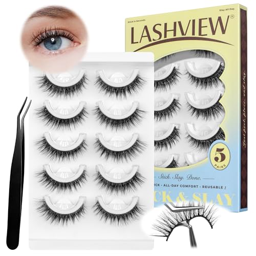LASHVIEW Self Adhesive Eyelashes, 5 Pairs Natural Look Press On Lashes No Glue Need Eyelashes Reusable Cat Eye Wispy Self-adhesive False Lashes with Replacement Strips & Tweezers C122