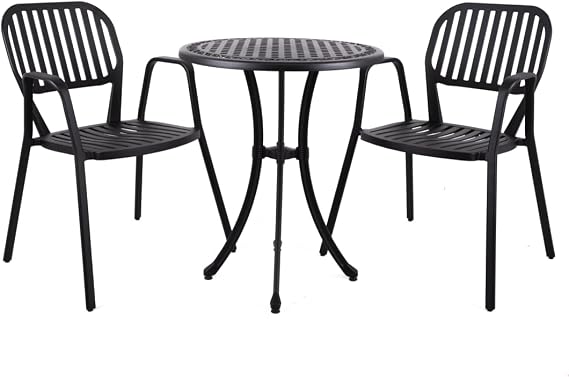 Alüminyum Döküm Masa Sandalye Takımı Bahçe Veranda Balkon Oturma Grubu 3 Parça 2 Koltuk Kolçaklı Sandalye 1 Set Dış Mekan Outdoor Mat Siyah Teras GZD