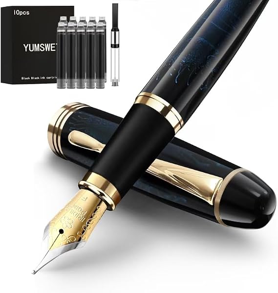 Luxury Fountain Pen Set For Writing Smooth-Fine Nib Includes Ink Converter & 10 Black 2.6mm Ink Cartridges Metal fountainPen -Gift Case For Graceful Calligraphy
