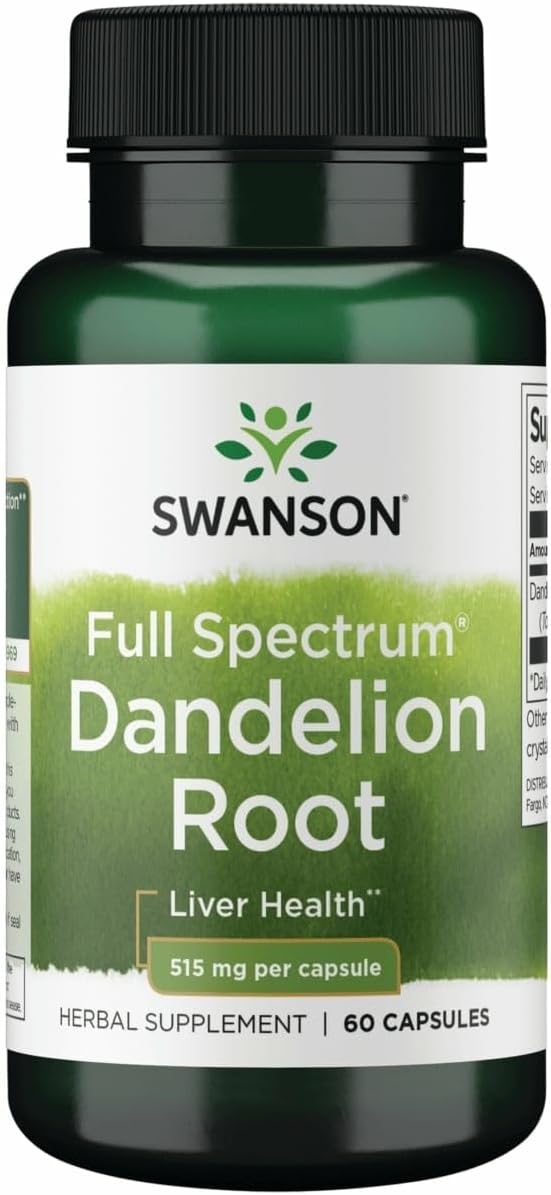 Swanson Dandelion Root 515 Milligrams 60 Capsules | Recognized for Stomach Health and Comfort, Naturally Contains Chicoric Acid, Easy-to-Swallow Capsules