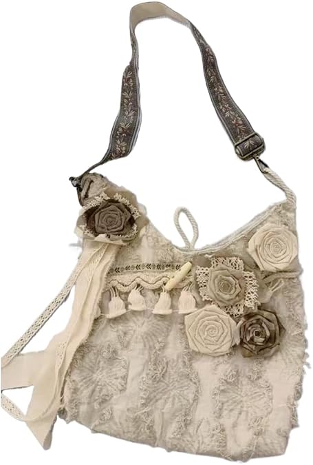 Floral Boho Crossbody Bag for Women Cute Canvas Shoulder Purse Lightweight Stylish Handbag