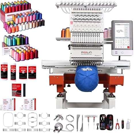 Poolin EOX 15-Needle Commercial Embroidery Machine | Advanced Business Bundle Includes 100-Color Thread Kit, 144 Magsnap Bobbins, Cut Away & Tear Away Stabilizers