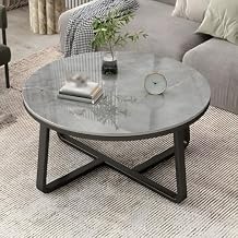 Slate and Metal Single Coffee Table Round Frame 1 Coffee Table Slate Round Tea Table Italian Balcony Small Apartment Round Tea Table Black Table Base Marble Gray Top 28" L x 28" W x 18" H