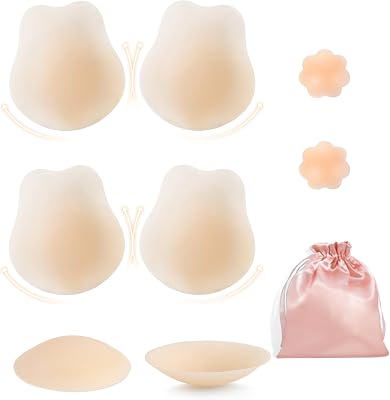 Sticky Bras Push Up Invisible Adhesive Bra, Reusable Silicone Backless Strapless Bra with Nipple Covers, Style B-Beige, M
