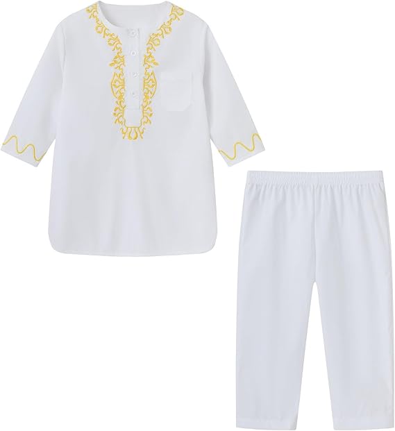 Moonker Toddler Kids Embroidered Muslim Clothing Girl Boy Kaftan Outfit Pants Set Arabic Wear Ramadan Eid Boys