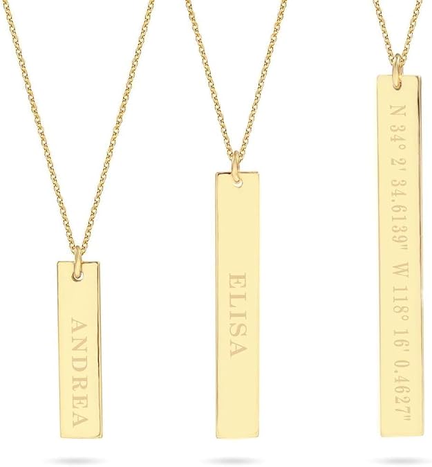 JEWEE DIAMOND Personalized 14k Gold Vertical Name Bar Necklace - Custom Engrave Pendant Gift | Dainty 2cm 3cm 4cm Bar, Handwriting, Coordinates, Baby Name Necklace