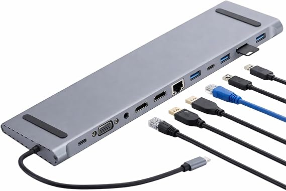 Coverzone USB-C 12in1 Hub Çoklayıcı Adaptör MacBook ile Uyumlu Çift HDMI VGA RJ45 Ethernet USB 3.0 SD TF Kart Okuyucu PD Şarj Dock Station