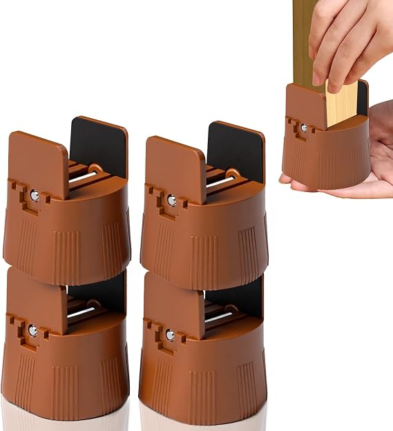 4 Pcs Bed Risers, Bed Raisers, Table Leg Extenders with Screw Clamp, Desk Riser Blocks Fit 1-50mm Width Furniture Feet & Height Adjustable 60-80mm, Chair Risers Extenders for Sofa TableBrown