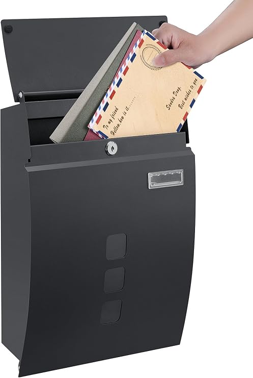 Trintion Letter Box with Viewing Windows, Post Box Wall Mounted Lockable, Weatherproof Post Box with 4 Keys Sleek Curvy Modern Letterbox for Keep Your Mail Safe (Black)