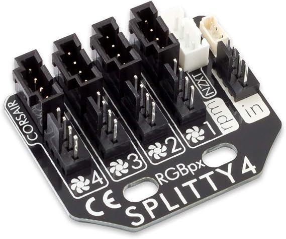 Aquacomputer RGBpx Splitty4 (53267) | 4-Way Fan Splitter (3-Pin & 4-Pin PWM), RGBpx LED Adapter for Corsair & NZXT Fans, Mounting Kit + Cables Included