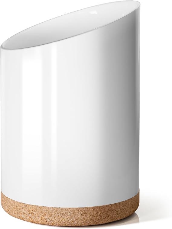 KITEISCAT Large Ceramic Utensil Holder for Kitchen Counter, Modern Crock with Slanted Top & Cork Mat, for Spatulas & Cooking Spoons, White