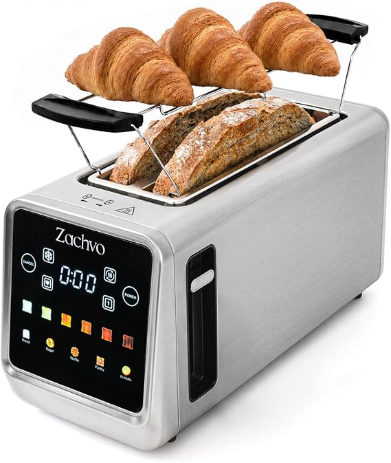 4 Slice Long Slot Toaster with Smart Touchscreen & LED Countdown, 235mm Long Slots Fits Bread Slices up to 120mm High, Memory Function, Single-Side Toasting, Space-Saving Stainless Steel Toaster