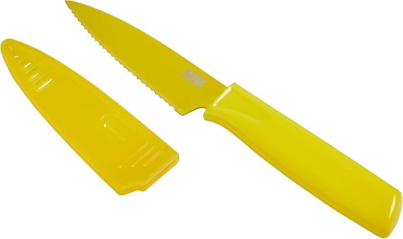 Kuhn Rikon COLORI Non-Stick Serrated Paring Knife with Safety Sheath, 4 inch/10.16 cm Blade, Yellow