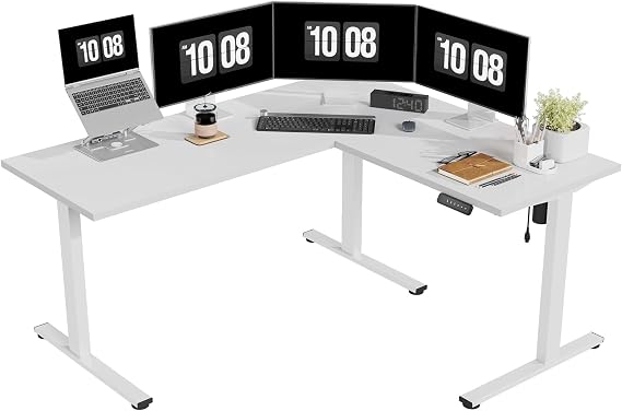 SANODESK Electric Corner L-Shaped 63 x 55 in Standing Desk, Memory Height Adjustment, White Top White Frame
