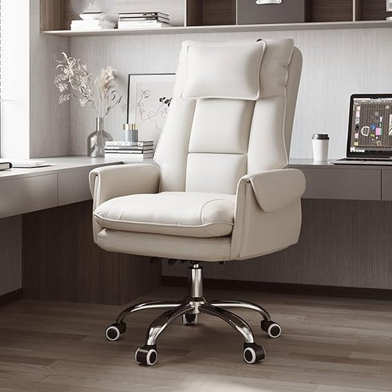 Executive Chair Leather Boss Office Chair with Arms Height Adjustable Swivel Home Office Chair for Studying, Ergonomic Computer Chair with Wheels Task Chair Color: Beige/A