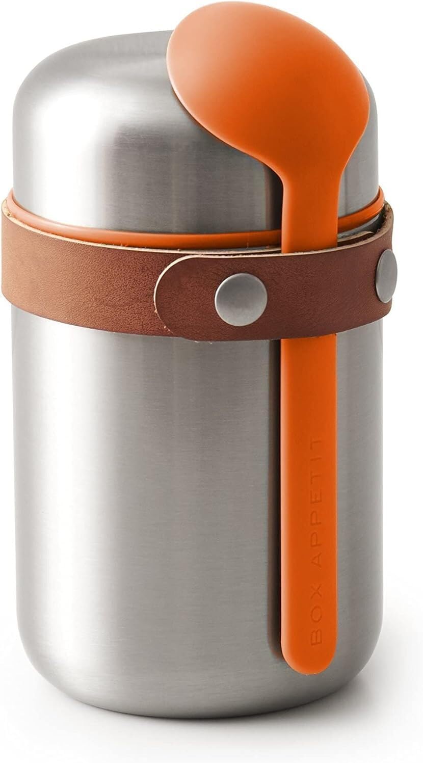 BLACK  BLUM Vacuum Food Flask | Leak Proof Insulated Stainless Steel Lunch Container with Ladle Spoon for Hot and Cold Food | Travel, Office Lunch Box for All Ages | Orange, 13.5 oz  400 ml