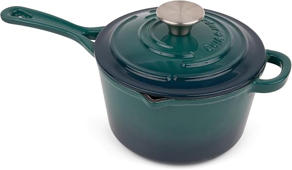 Larder & Vine Enameled Cast Iron Saucepan | 2.2 qt Sauce Pan with Lid | Saucepan with Pour Spouts | Enameled Cast Iron Pot Compatible on All Cooktops & Oven Safe to 500 F | Bondi
