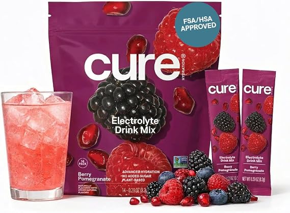 Cure Hydration - Electrolyte Drink Powder Berry Pomegranate 14 Packets | Plant-Based Dehydration Relief Mix Made with Coconut Water, No Added Sugar, Vegan, Non-GMO, Gluten Free, FSA-HSA Eligible
