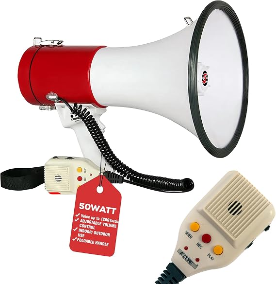 5 CORE Megaphone 50W Bull Horn Professional PA Speaker w 1200 Yards Range Loud Siren Voice Amplifier USB/SD/3.5mm Aux Portable Megafono - 66SF