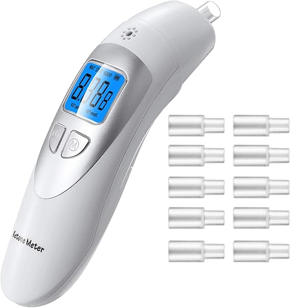Ketone Breathalyzer Portable, Professional Digital Ketone Breathalyzer for Detecting Ketosis Status with 10 Mouthpieces for Testing Ketosis (White)