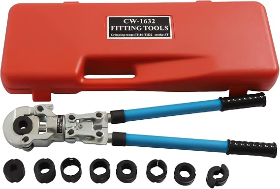 Crimping Tool Set, Press Tool with 360° Rotating Head and Retractable Handle (V-shaped 12-28 mm and TH-Shaped 16-32 mm), for Stainless Steel, Aluminium Plastic, PEX, PB, Copper and Aluminium Pipes