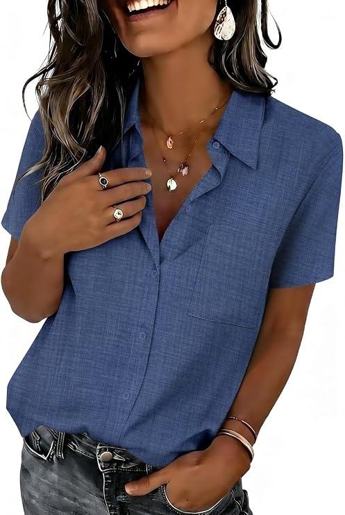 Zeagoo Summer Tops for Women Short Sleeve Button Down Shirt V Neck Blouse