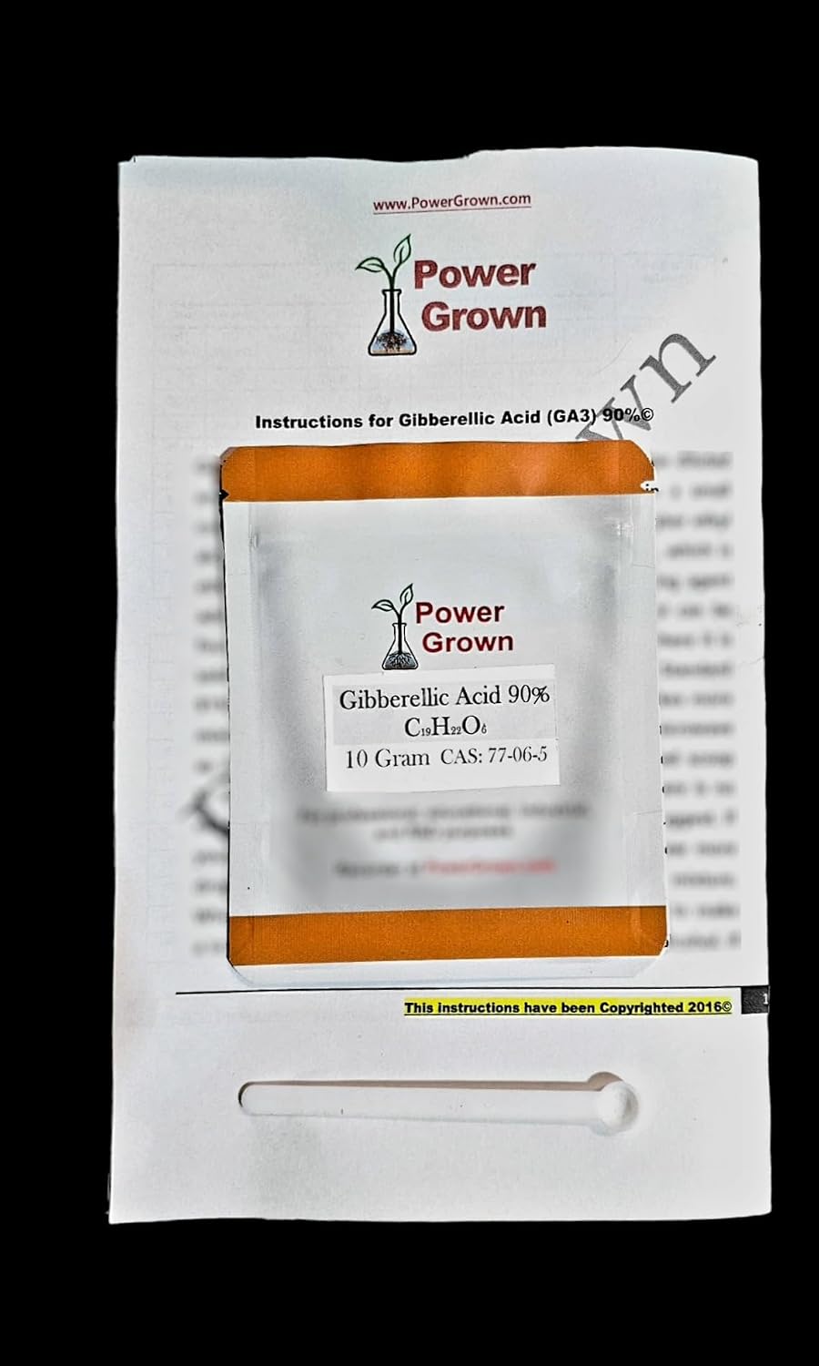 Gibberellic Acid GA 3 90% 10g Kit  with Special Measuring Scoop, Calculation Tables and Instructions. Packaged by Power Grown