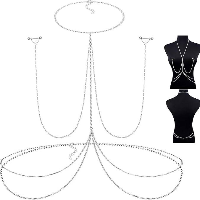 JFORYOU Nipple Rings with Body Chain Waist Chest Chain 14G Nipple Piercing Barbell Nipplerings Body Piercing Jewelry for Women