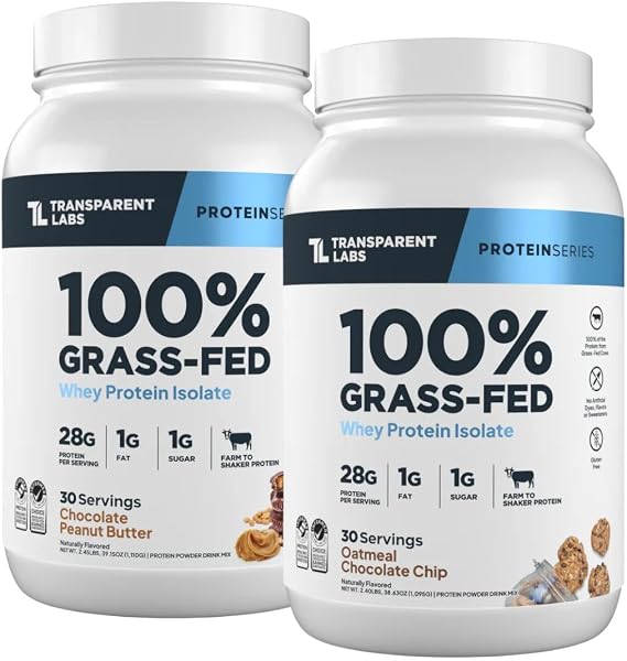 Transparent Labs Grass-Fed Whey Protein Isolate (30 Servings, Chocolate Peanut Butter) & Grass-Fed Whey Protein Isolate (30 Servings, Oatmeal Chocolate Chip Cookie)