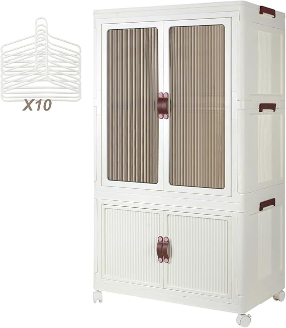Portable Plastic Wardrobe Closet, Foldable Storage Bins for Clothes, Storage Organizers with Lid and Doors, Stackable Closet Wardrobe with 10 Hangers, White