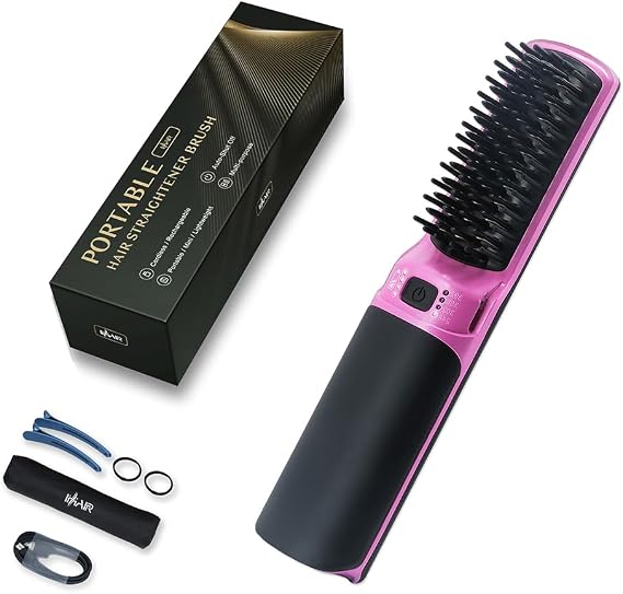 Hot Hair Straightener Brush,Portable Mini Hair Straightener USB Rechargeable 6400MAH,2 in 1 Hair Straightener Comb with Anti-Scald Feature for Women & Men(Purple)