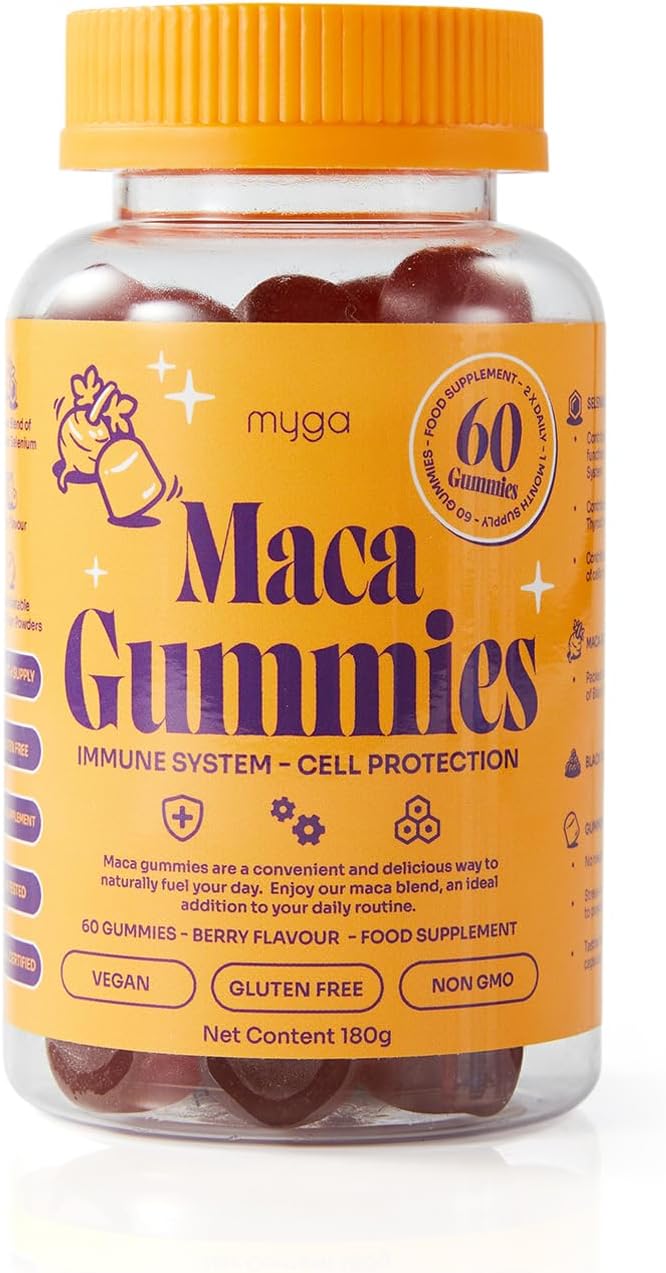 Myga Maca Gummies – 1000mg Black Maca Root Supplement with Selenium & Black Pepper Extract – Supports Energy, Hormonal Balance & Thyroid – Vegan, Gluten-Free, Natural Ingredients – Berry, 60 Gummies