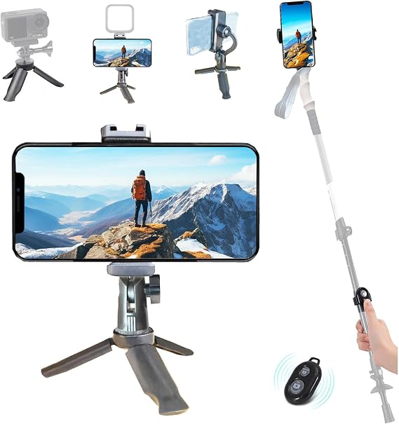 EpochCreate Phone Tripod Stand with Wireless Remote, Adjustable Holder for iPhone Samsung, Mini Desktop Selfie Mount for Video Recording