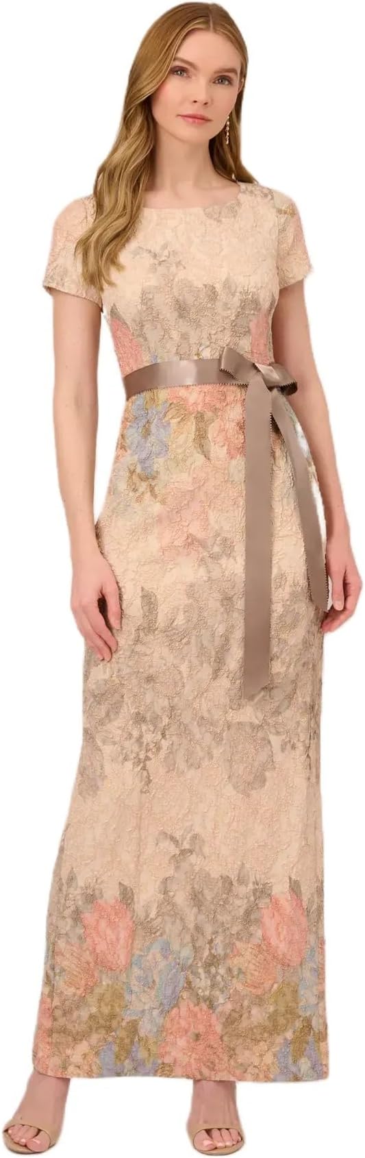 ADRIANNA PAPELL Women's Mateleasse Column Gown | Elegant Evening Gown with Floral Design, Back Slit & Cap Sleeves
