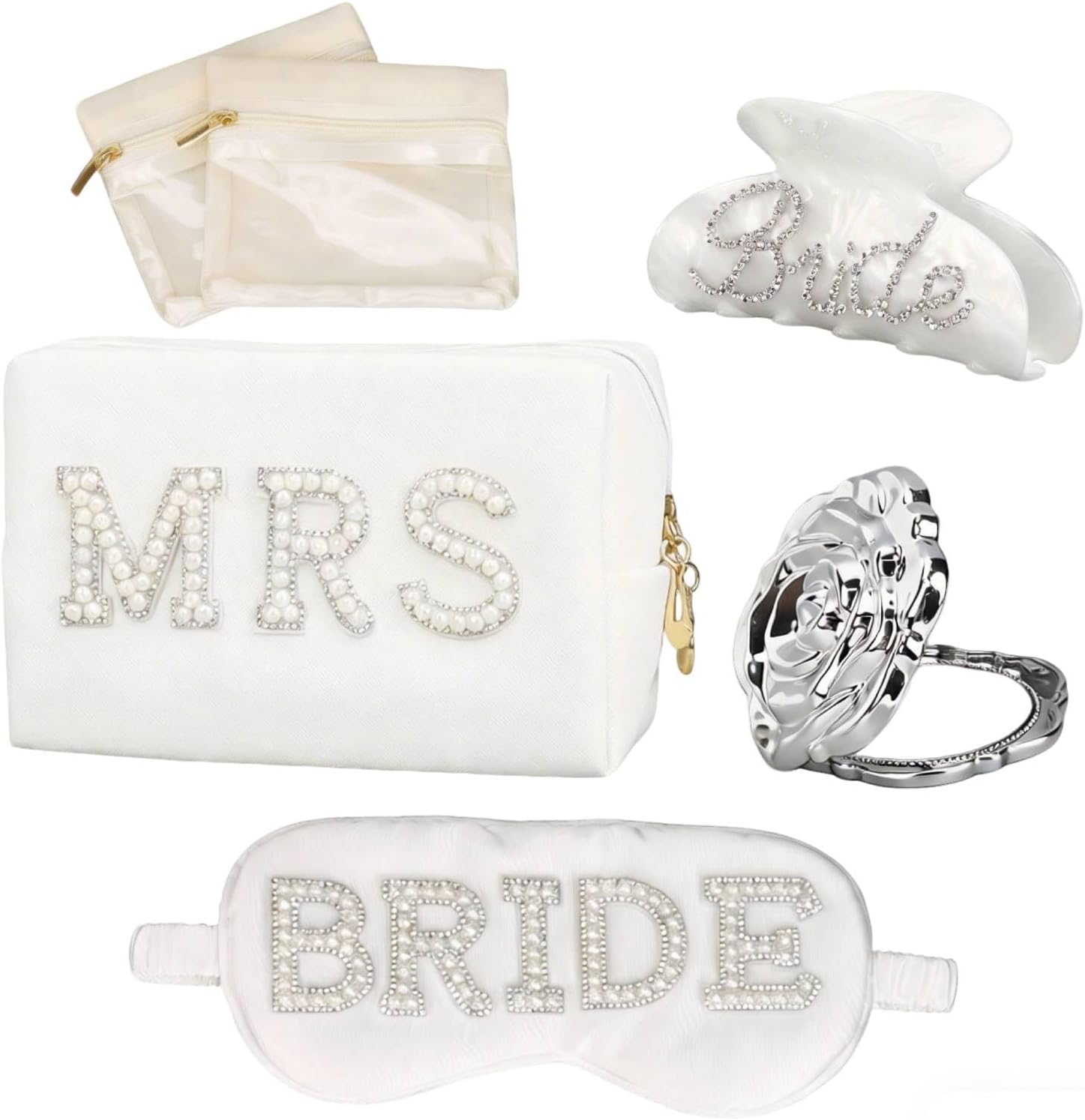 Bride to be Gifts, Wedding Gifts for Bride with Cosmetic Toiletries Bag, Hair Clip, Eye Mask, Vanity Mirror, Card Cases, Bridal Shower Set for Women for Hen Party