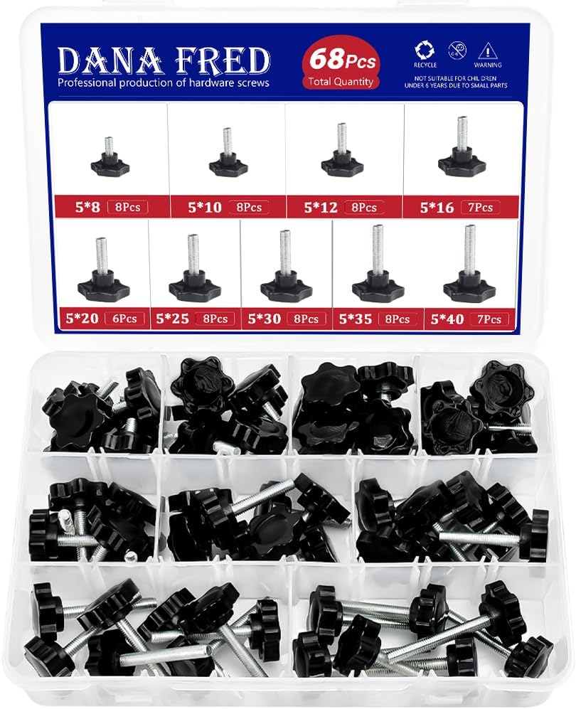 M5 Nylon Black Plastic Replacement Star Hand Knobs with Steel Tightening Screws Standard Metric Handle Thread Stud Bolt Hardware 8mm 10mm 12mm 16mm 20mm 25mm 30mm 35mm 40mm