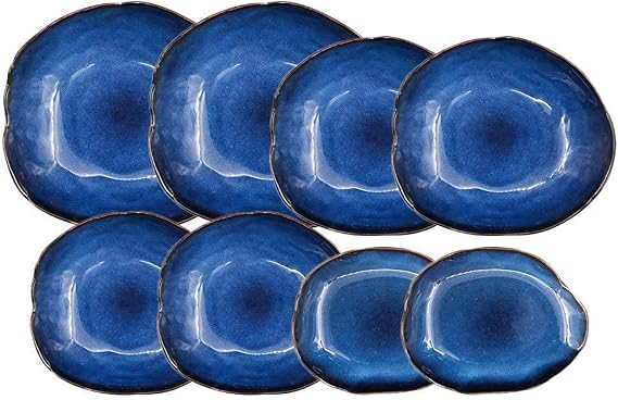 Dinner Set,Ceramics Cat's Eye Blue 8 Pieces tableware Serving Steak Dish | Porcelain Dinnerware Irregular Shallow Plate Set for Restaurant