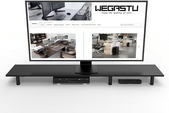 Large Dual Monitor Stand Riser 43.3IN, Home Office Storage For Desk Accessories,Solid Wod Desk With Adjustable Legs For computer/PC/Laptop/Printer/Container/dressing table (Black)