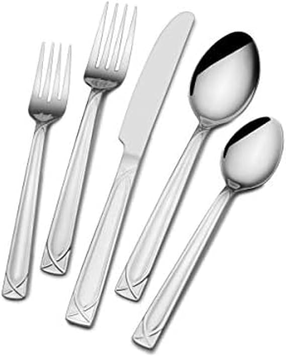 Pfaltzgraff Mabel 30-Piece Flatware Set with Caddy, 18/0 Stainless Steel Silverware Set for 6, Includes Dinner Forks, Knives, Spoons, Teaspoons, Salad Forks