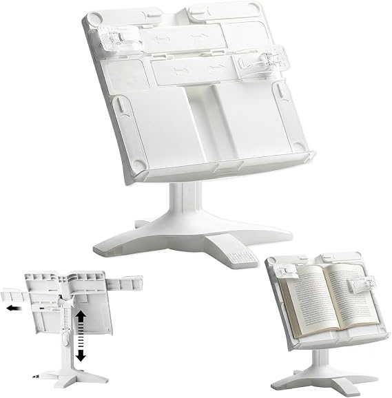 Adjustable Book Stand Holder, Rotating Hands-Free Reading Stand with Clips