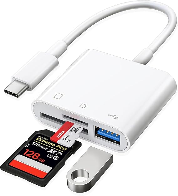 USB C to SD Card Reader, Raycue SD Card Adapter with SD MicroSD USB 3 Ports, USBC Memory Card Reader for iPhone 15 16 17, iPad, Mac, MacBook Pro/Air, Android and More USB-C/Type C Devices