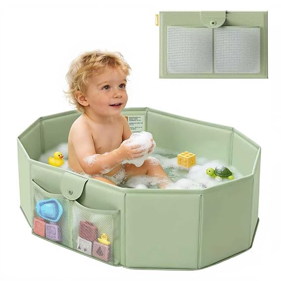 UNCLE WU Foldable Baby Bathtub for Toddlers, Portable Collapsible Bath Tub | Folds flat to store, converts shower to tub for kids 12 months to 5 years. Non slip base, fast drain, fits small spaces