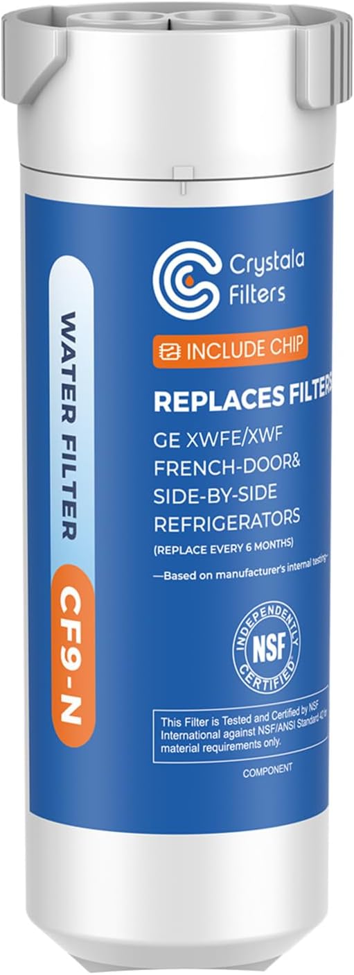 Crystala Filters XWFE (Built-in CHIP) Refrigerator Water Filter 1-Pack | Replacement for GE XWFE, XWF Refrigerator Water Filter NSF/ANSI 42 Certification
