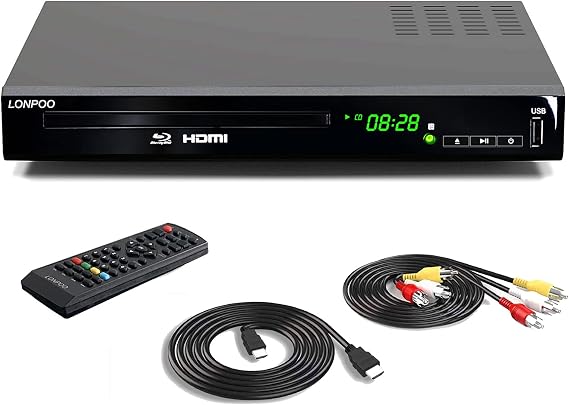 Blu Ray DVD Player,LONPOO Full HD Blu-ray Disc Player with No Skip,No Picture Freeze,Noise Cancellation, 1080P Home Theater DVD CD Player for TV with HDMI/AV Output, Support HDD and USB Playback