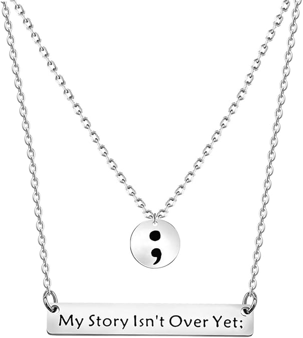 LQRI My Story Isn't Over Yet Necklace Semicolon Bar Necklace Set Mental Health Suicide Prevention Awareness Depression Awareness Jewelry