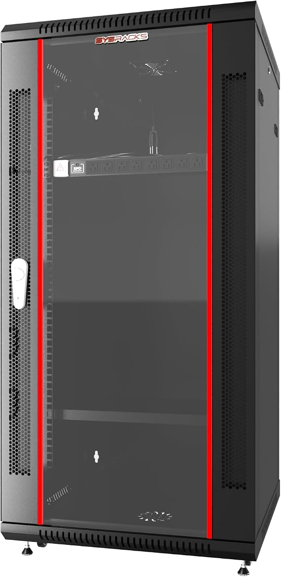 Sysracks 22U Networking Cabinet 24-inch Depth Server Rack Locking Network Enclosure with Fan, Power Strip, Shelf, Wheels, Dust-Tight Cable Entries and Other Accessories