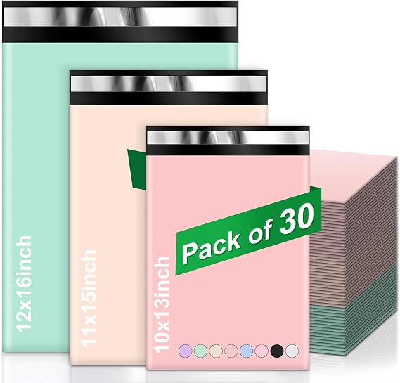 Oududianzi Variety Poly Mailers, 30 Pack Shipping Envelopes, Plastic Packaging Bags, Self-Seal Polymailers, Mailers Poly Bags, Shipping Bags for Small Business (10 Each: 10x13, 11x15, 12.5x16)